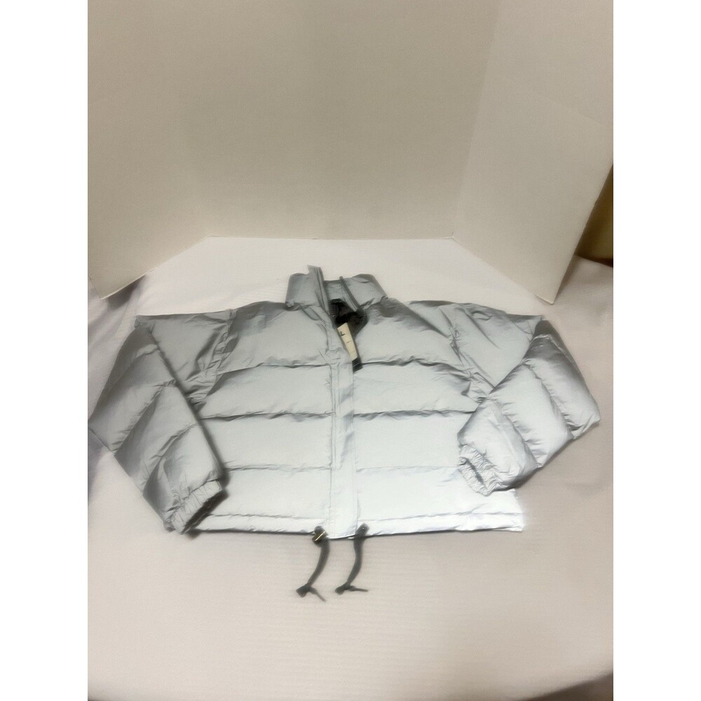 Stylewise Women’s Silver Gray Reflective Crop Puffer Jacket New Sz L